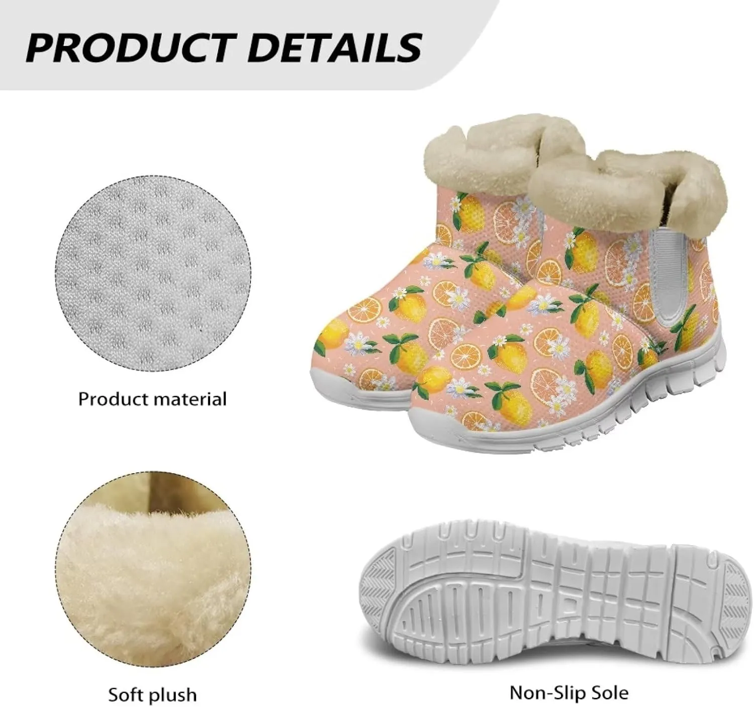 Women's Slip On Snow Boots Winter Warm Furry Lined Shoes Fruit Print Ankle Boots Outdoor Non Slip Thicken Short Boot