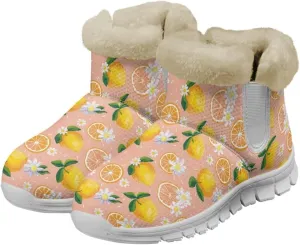 Women's Slip On Snow Boots Winter Warm Furry Lined Shoes Fruit Print Ankle Boots Outdoor Non Slip Thicken Short Boot