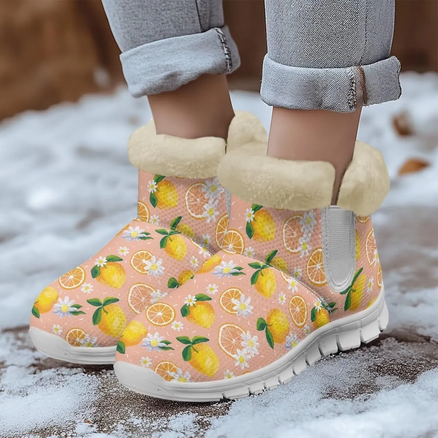 Women's Slip On Snow Boots Winter Warm Furry Lined Shoes Fruit Print Ankle Boots Outdoor Non Slip Thicken Short Boot
