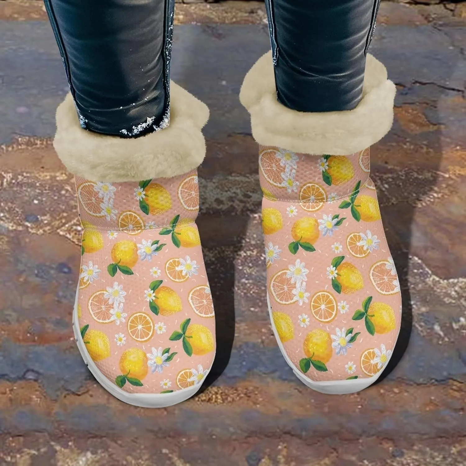 Women's Slip On Snow Boots Winter Warm Furry Lined Shoes Fruit Print Ankle Boots Outdoor Non Slip Thicken Short Boot