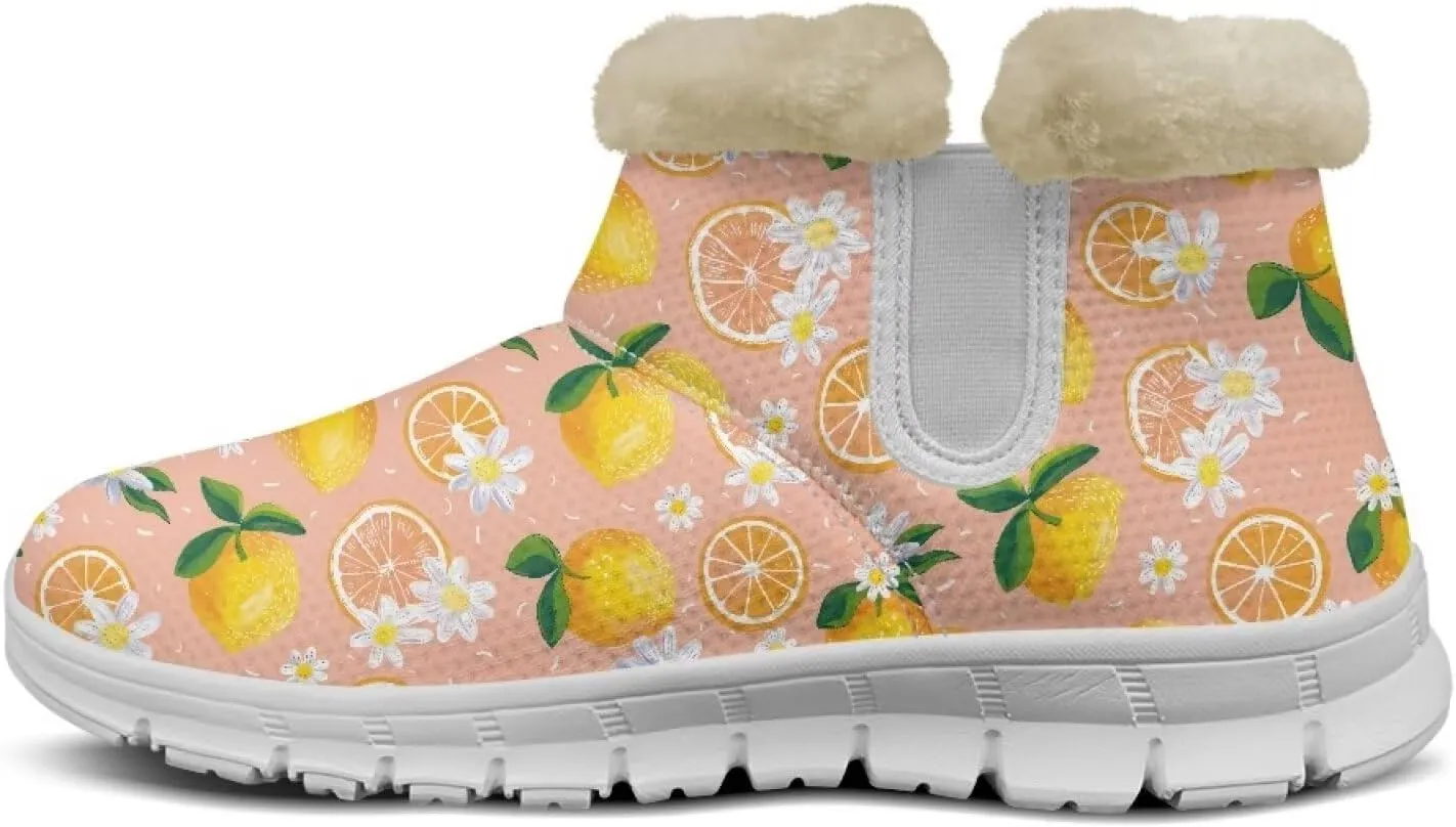 Women's Slip On Snow Boots Winter Warm Furry Lined Shoes Fruit Print Ankle Boots Outdoor Non Slip Thicken Short Boot