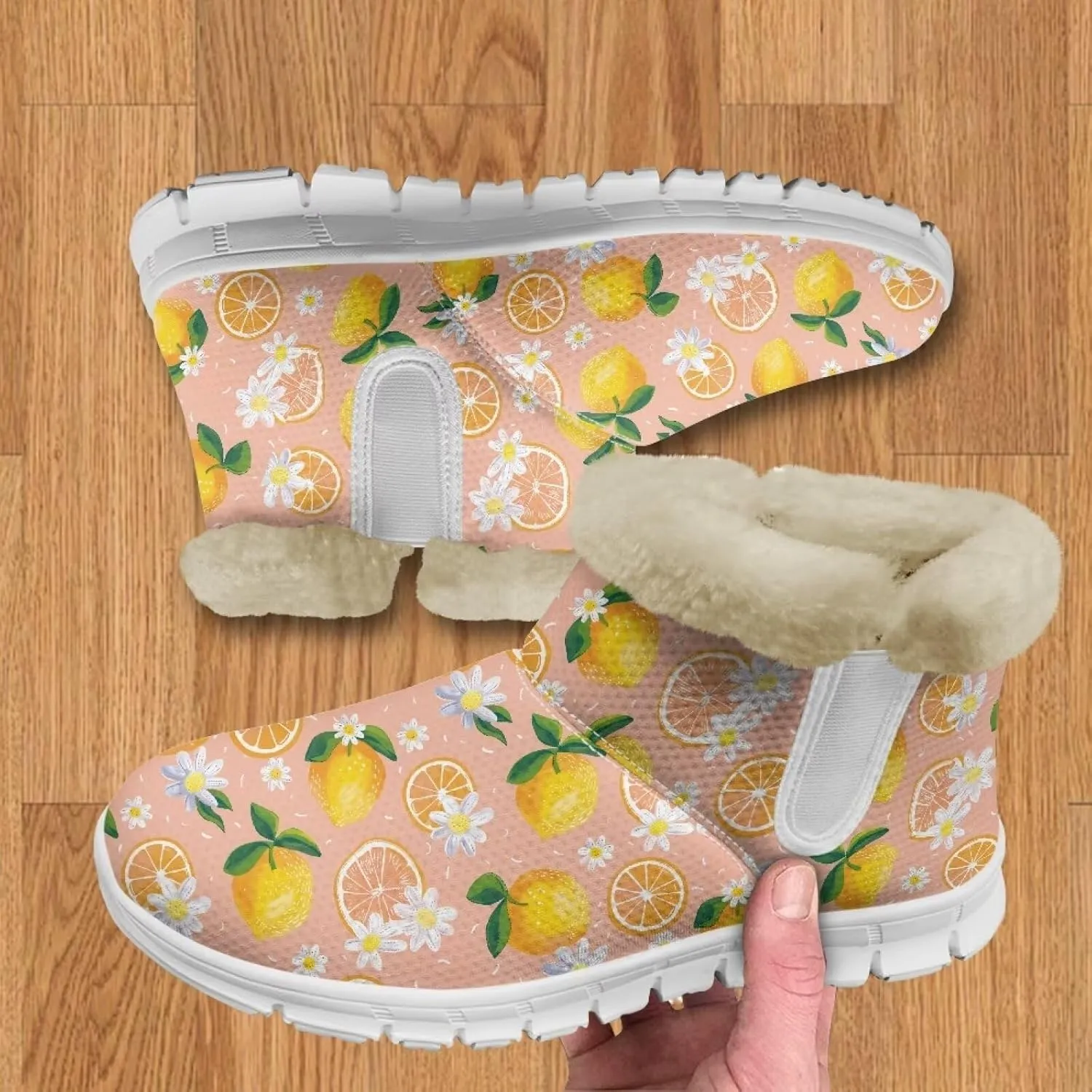 Women's Slip On Snow Boots Winter Warm Furry Lined Shoes Fruit Print Ankle Boots Outdoor Non Slip Thicken Short Boot