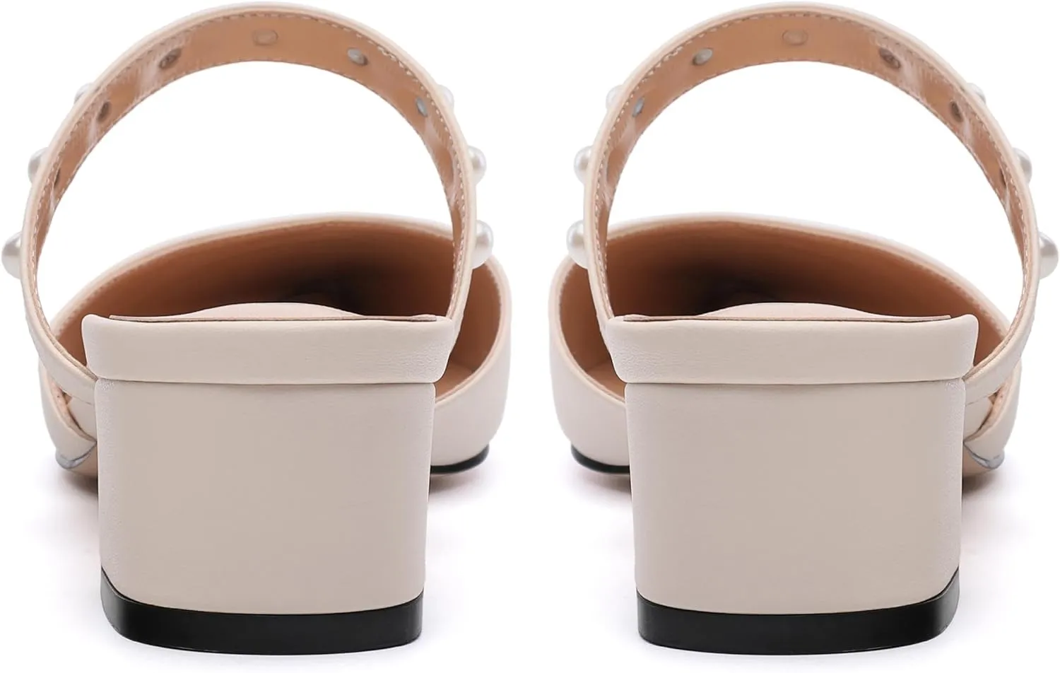Womens Slippers Low Block Heels Pointed Toe Mule Pumps with Waist Strap Pearl Decoration Slip-on Women Sandals