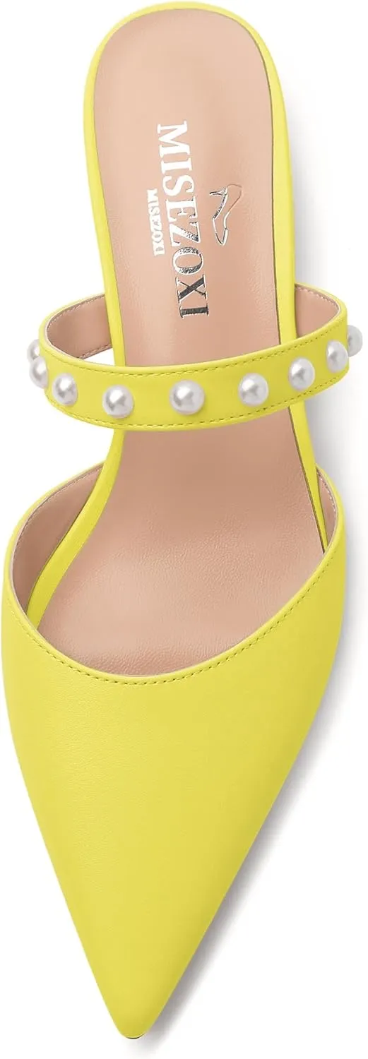 Womens Slippers Low Block Heels Pointed Toe Mule Pumps with Waist Strap Pearl Decoration Slip-on Women Sandals