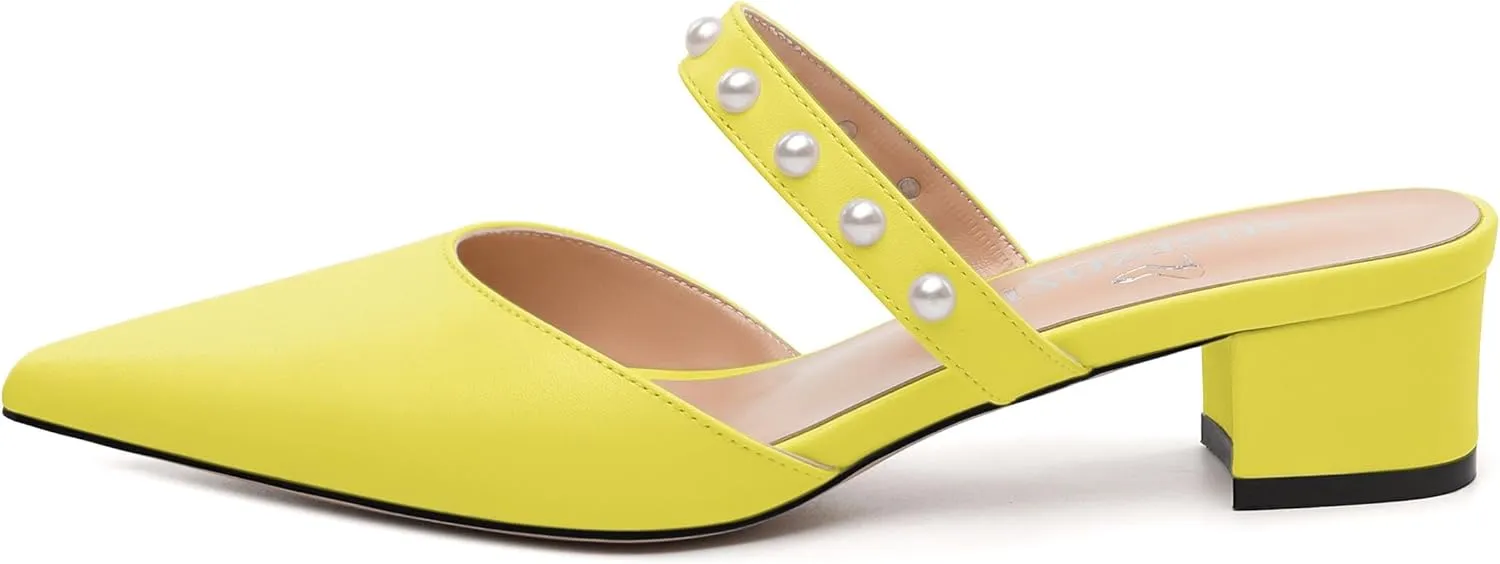 Womens Slippers Low Block Heels Pointed Toe Mule Pumps with Waist Strap Pearl Decoration Slip-on Women Sandals