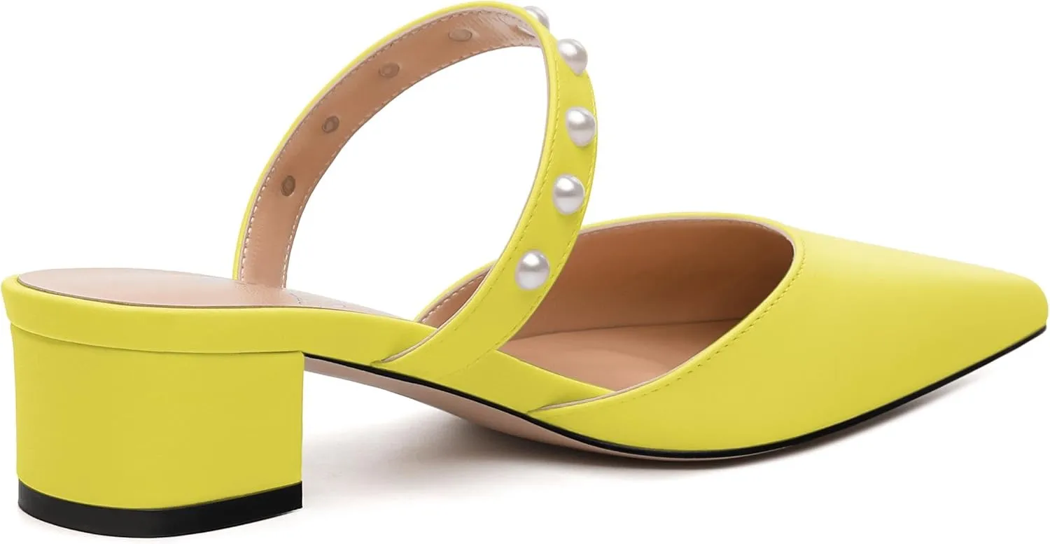 Womens Slippers Low Block Heels Pointed Toe Mule Pumps with Waist Strap Pearl Decoration Slip-on Women Sandals