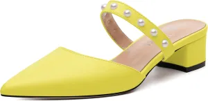 Womens Slippers Low Block Heels Pointed Toe Mule Pumps with Waist Strap Pearl Decoration Slip-on Women Sandals