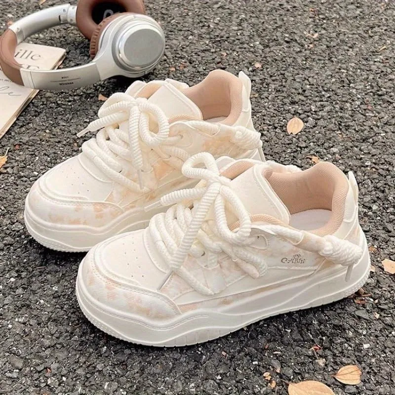Women's Spring Breathable lace-up Low-top Sneakers - Cushioned Support, White and Beige Accents, & mesh Upper, Spring/Summer Lightweight Casual Shoes