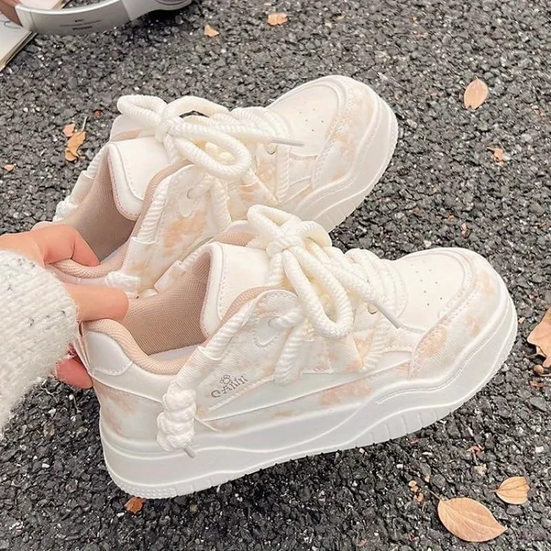 Women's Spring Breathable lace-up Low-top Sneakers - Cushioned Support, White and Beige Accents, & mesh Upper, Spring/Summer Lightweight Casual Shoes