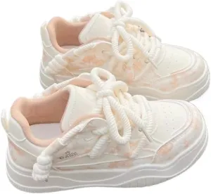 Women's Spring Breathable lace-up Low-top Sneakers - Cushioned Support, White and Beige Accents, & mesh Upper, Spring/Summer Lightweight Casual Shoes