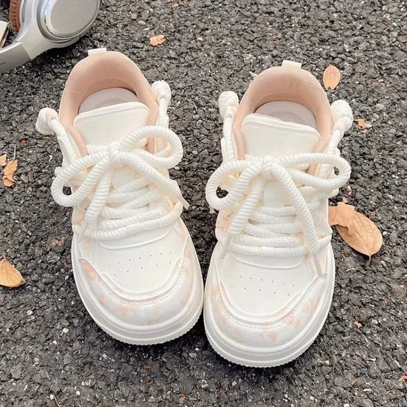 Women's Spring Breathable lace-up Low-top Sneakers - Cushioned Support, White and Beige Accents, & mesh Upper, Spring/Summer Lightweight Casual Shoes