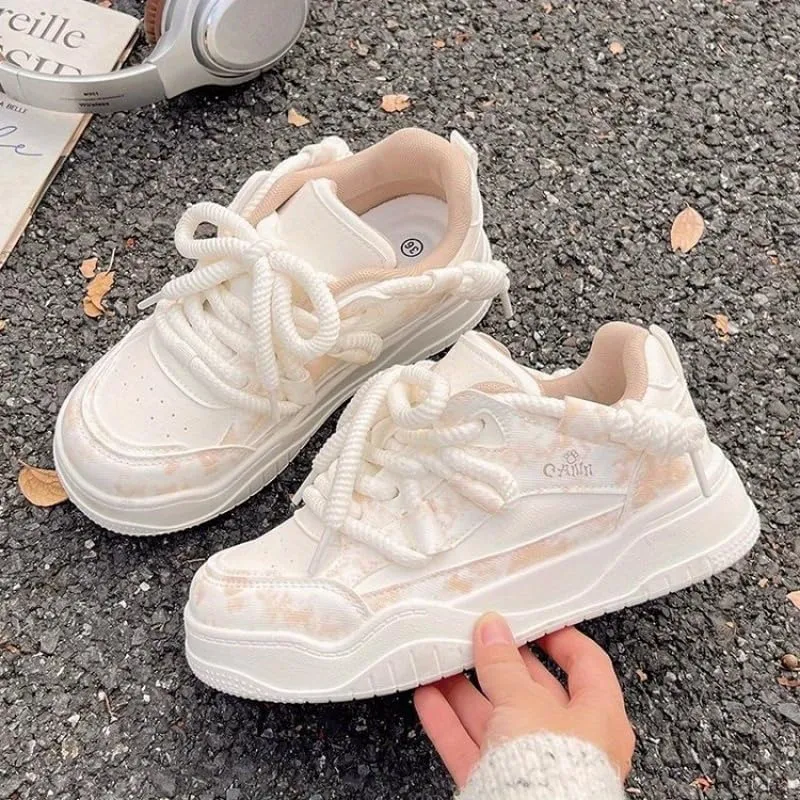 Women's Spring Breathable lace-up Low-top Sneakers - Cushioned Support, White and Beige Accents, & mesh Upper, Spring/Summer Lightweight Casual Shoes