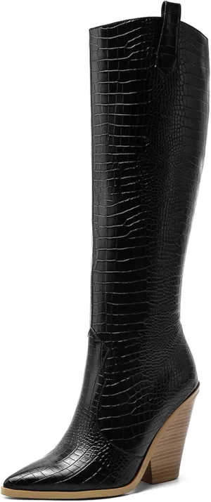 Women's Stacked Chunky Heels Knee High Boots Crocodile Print Western Cowboy Cowgirl Boots Pointed Toe Zipper Long Boots