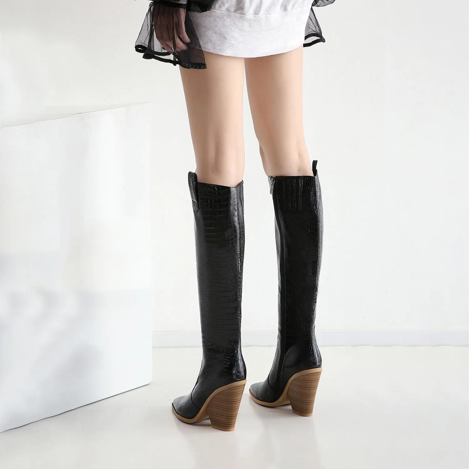 Women's Stacked Chunky Heels Knee High Boots Crocodile Print Western Cowboy Cowgirl Boots Pointed Toe Zipper Long Boots