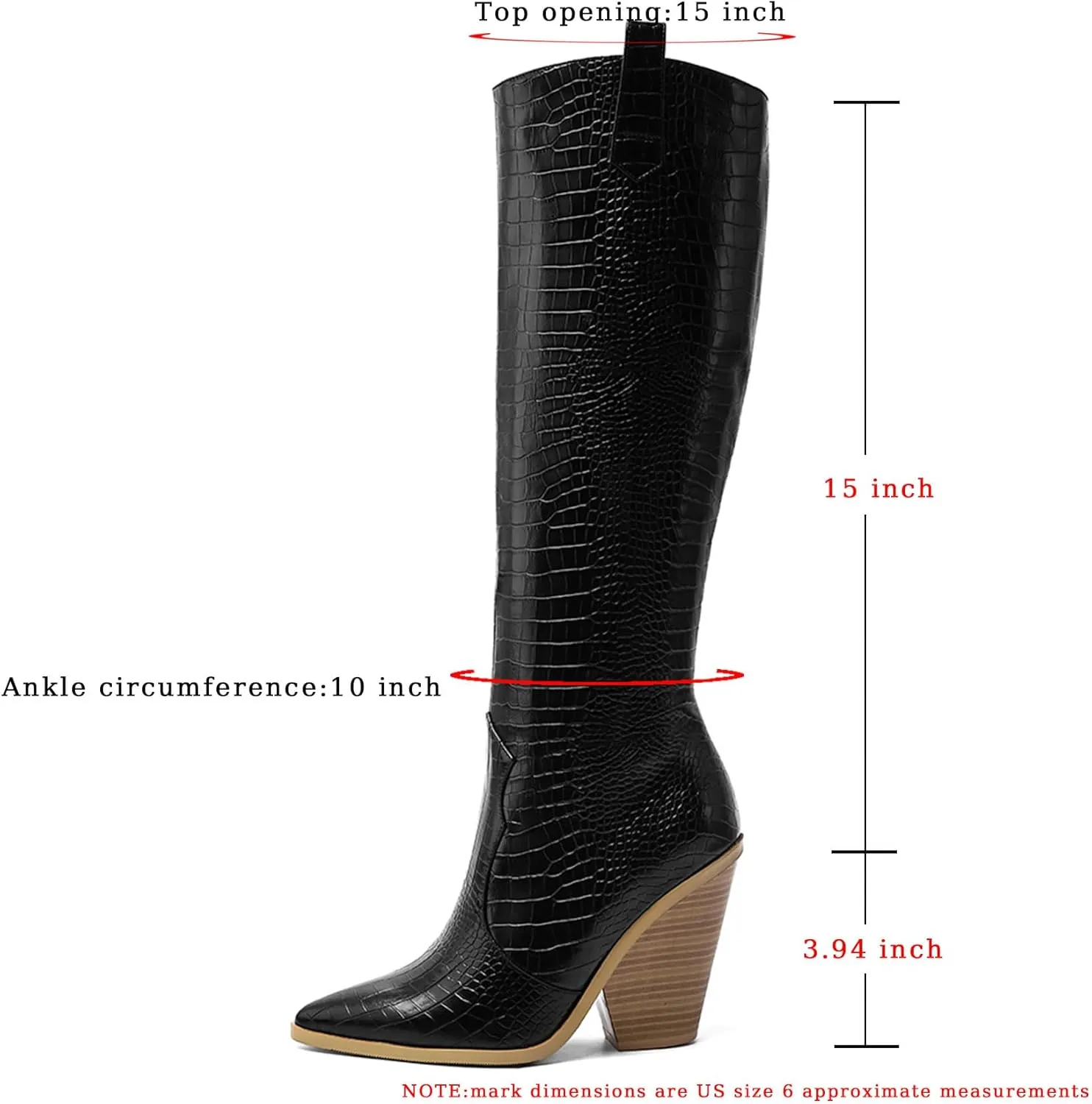 Women's Stacked Chunky Heels Knee High Boots Crocodile Print Western Cowboy Cowgirl Boots Pointed Toe Zipper Long Boots