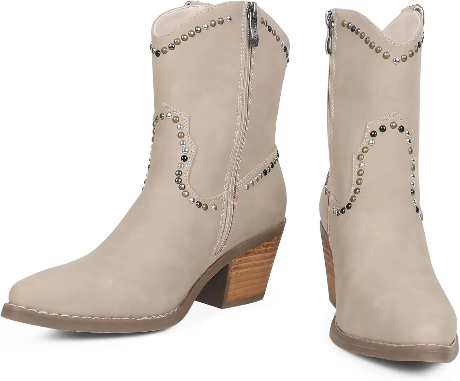Womens Studded Cowboy Boots Fashion Vintage Sparkly Western Cowgirl Short Boots with Wide Calf Pointed Toe And Chunky Heel Design Ankle Boot