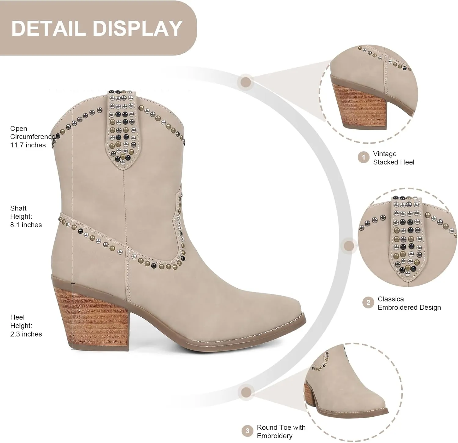 Womens Studded Cowboy Boots Fashion Vintage Sparkly Western Cowgirl Short Boots with Wide Calf Pointed Toe And Chunky Heel Design Ankle Boot