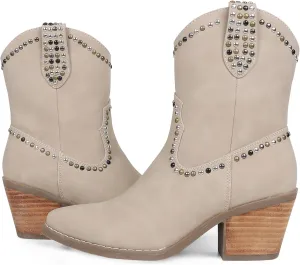 Womens Studded Cowboy Boots Fashion Vintage Sparkly Western Cowgirl Short Boots with Wide Calf Pointed Toe And Chunky Heel Design Ankle Boot