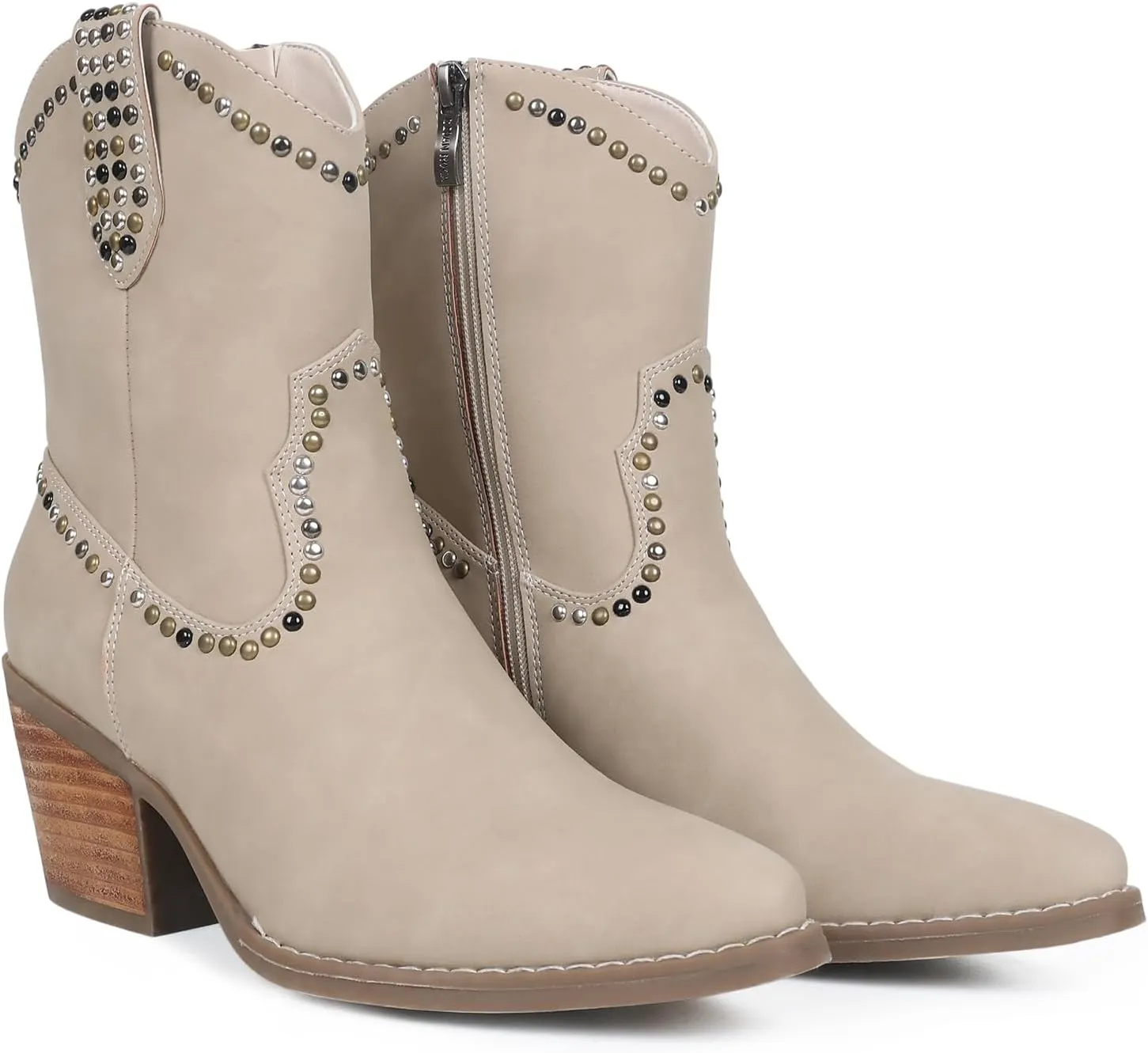 Womens Studded Cowboy Boots Fashion Vintage Sparkly Western Cowgirl Short Boots with Wide Calf Pointed Toe And Chunky Heel Design Ankle Boot