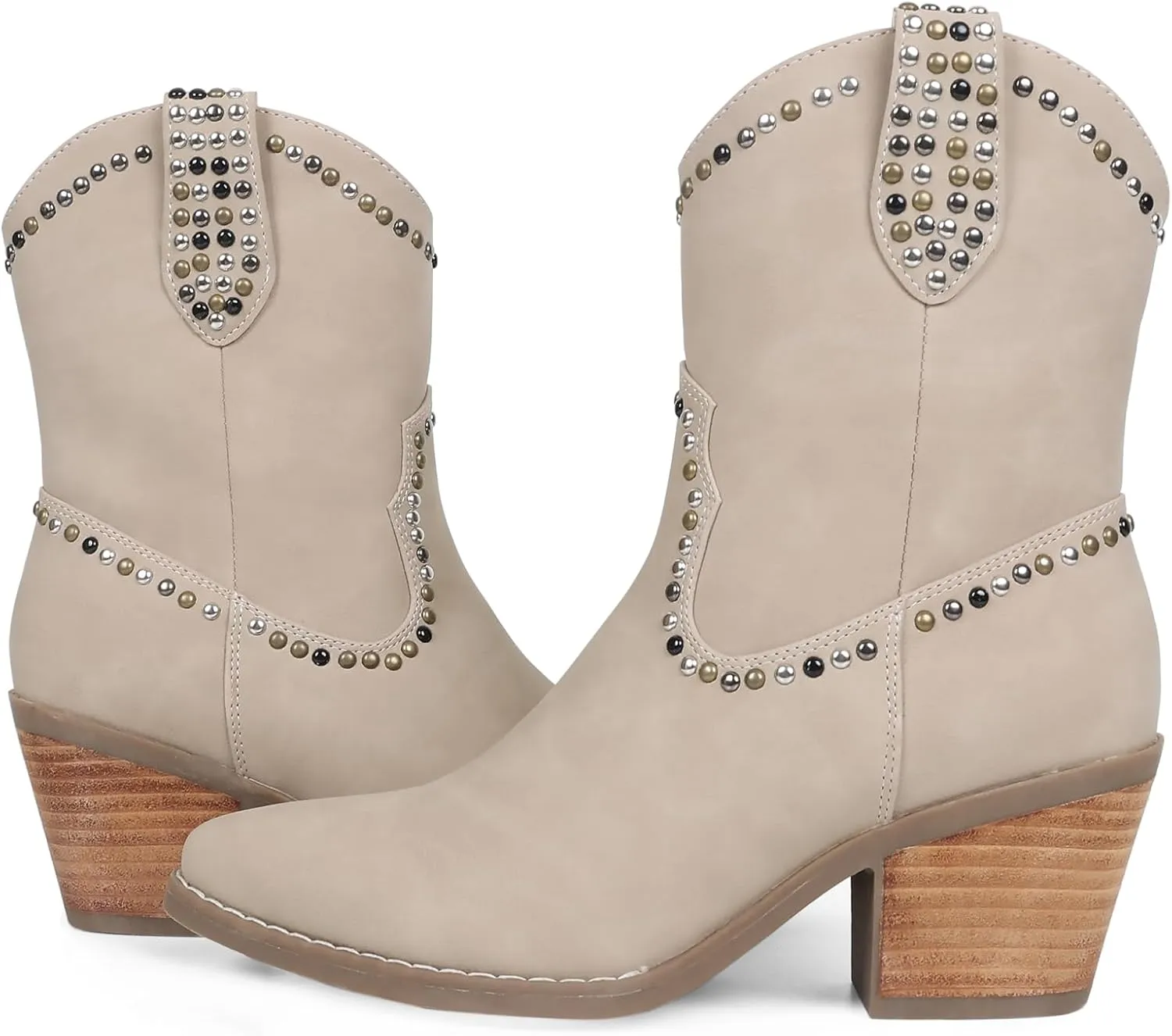 Womens Studded Cowboy Boots Fashion Vintage Sparkly Western Cowgirl Short Boots with Wide Calf Pointed Toe And Chunky Heel Design Ankle Boot
