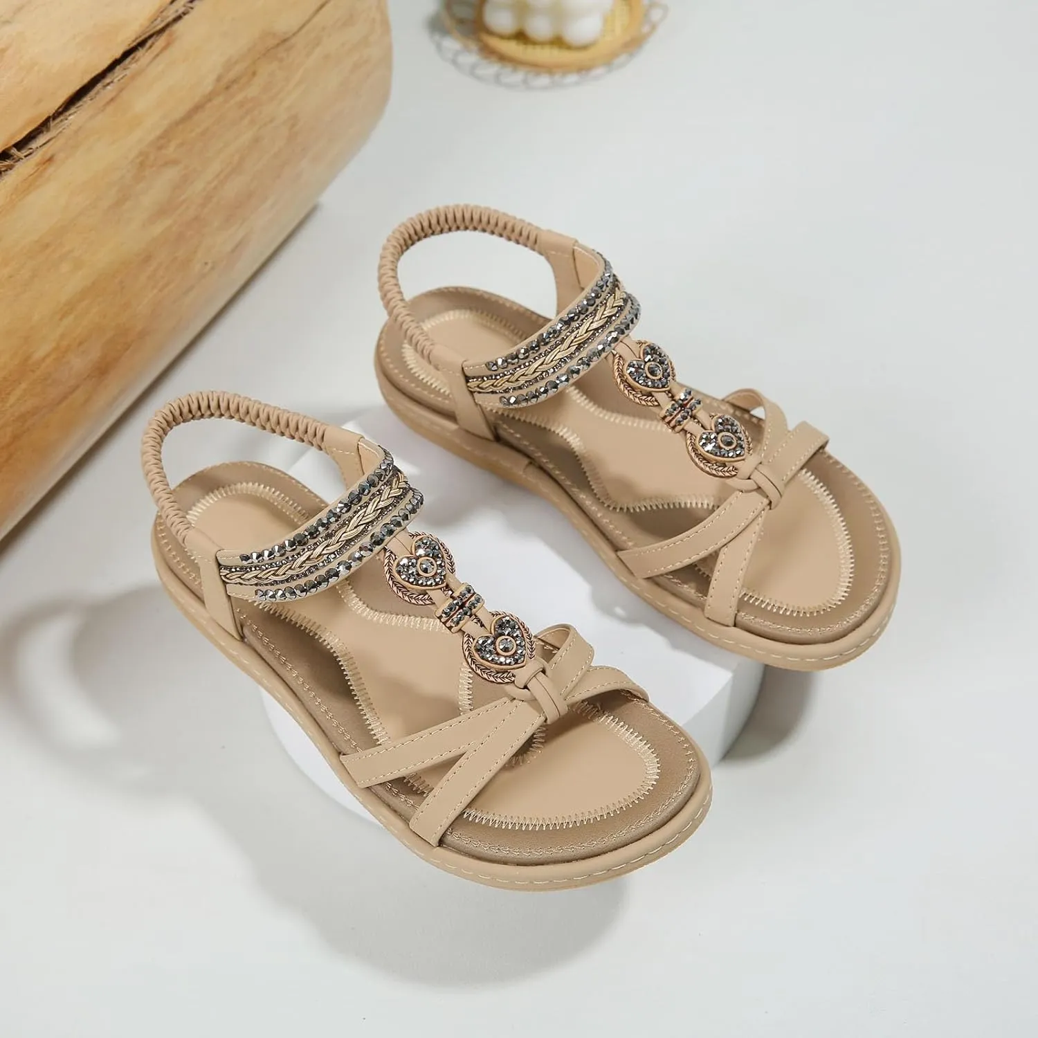 Women's Summer Sandals Comfortable Slip On Flat Beach Shoes with Elastic Ankle Strap for Casual Outings and