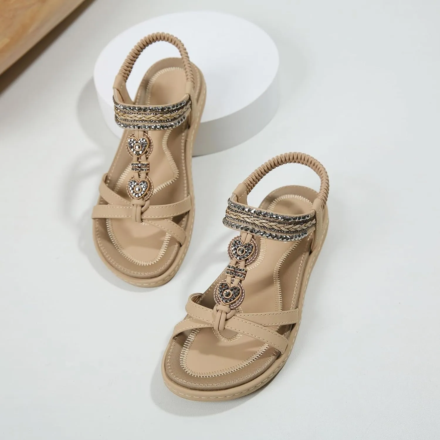 Women's Summer Sandals Comfortable Slip On Flat Beach Shoes with Elastic Ankle Strap for Casual Outings and