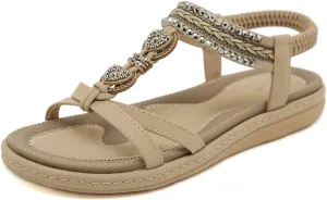 Women's Summer Sandals Comfortable Slip On Flat Beach Shoes with Elastic Ankle Strap for Casual Outings and