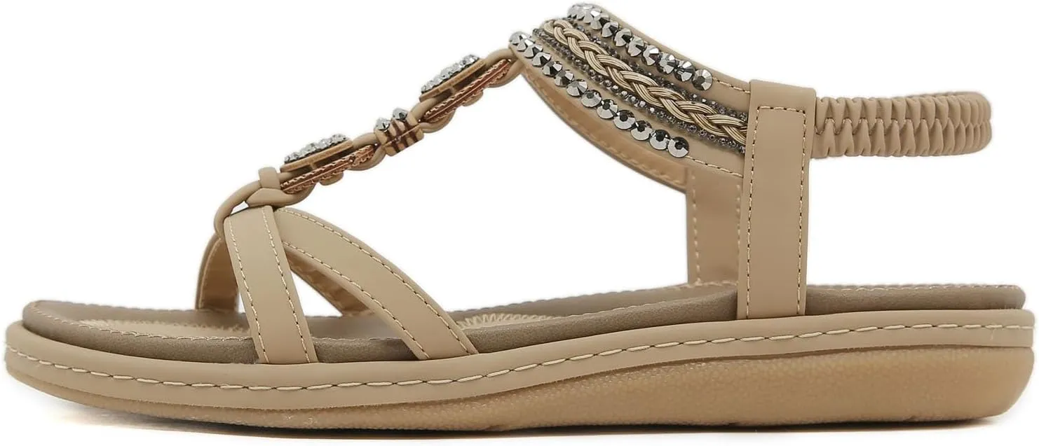 Women's Summer Sandals Comfortable Slip On Flat Beach Shoes with Elastic Ankle Strap for Casual Outings and