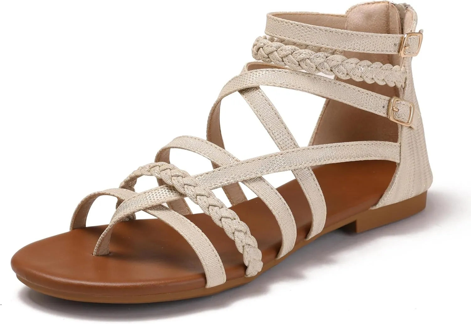 Women's Summer Strappy Flat Sandals Ankle Strap Gladiator Shoes Open Toe Sparkly Straps Dressy Fisherman Thong Sandals for Walking Beach Vacation