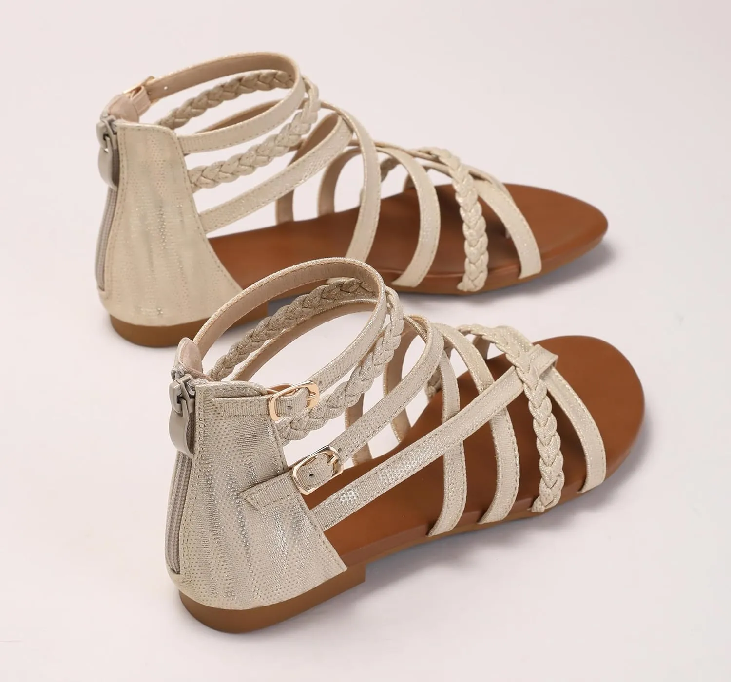 Women's Summer Strappy Flat Sandals Ankle Strap Gladiator Shoes Open Toe Sparkly Straps Dressy Fisherman Thong Sandals for Walking Beach Vacation