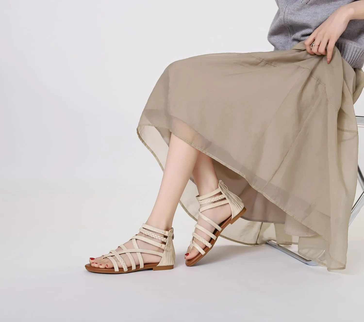 Women's Summer Strappy Flat Sandals Ankle Strap Gladiator Shoes Open Toe Sparkly Straps Dressy Fisherman Thong Sandals for Walking Beach Vacation