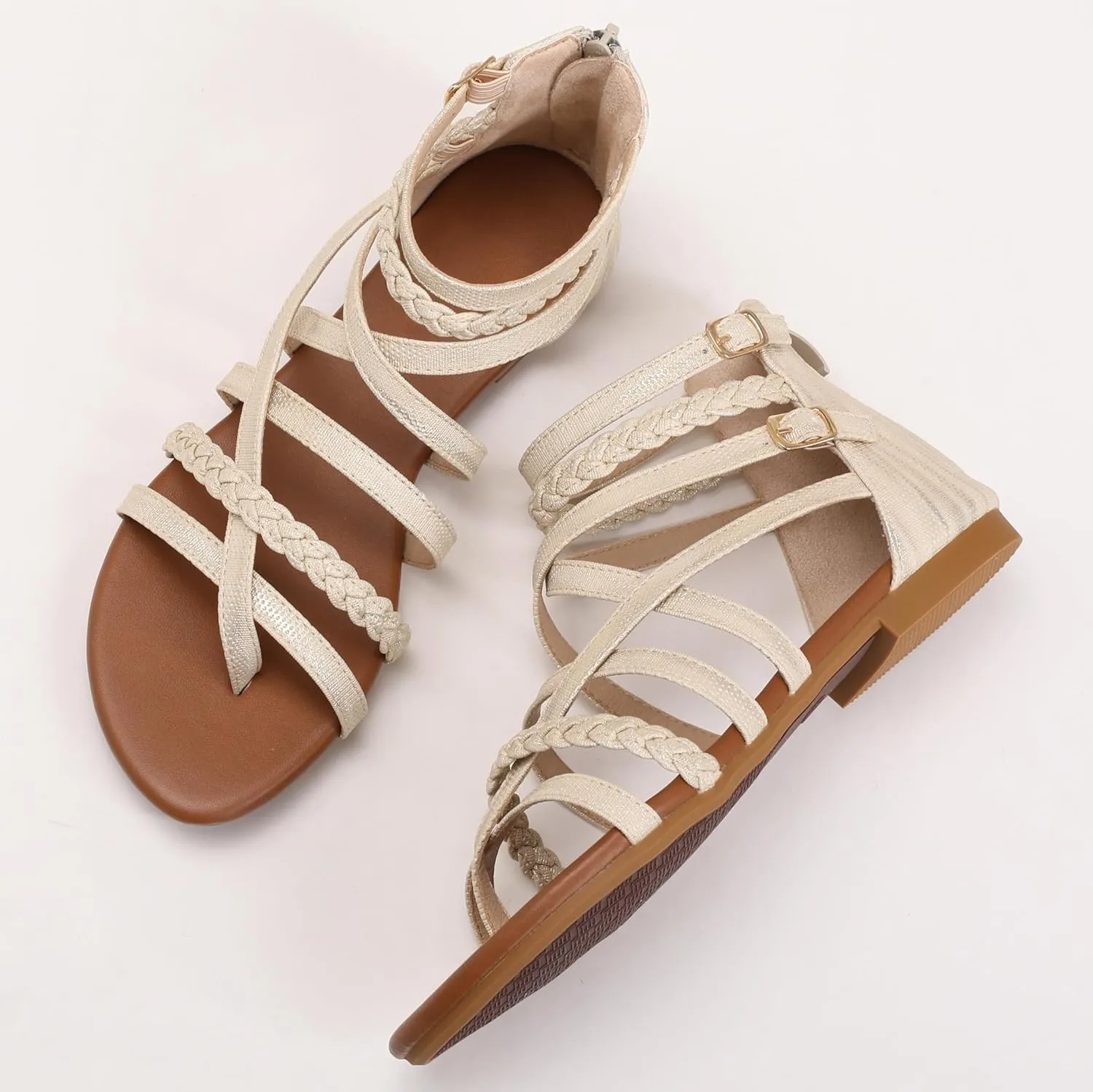 Women's Summer Strappy Flat Sandals Ankle Strap Gladiator Shoes Open Toe Sparkly Straps Dressy Fisherman Thong Sandals for Walking Beach Vacation