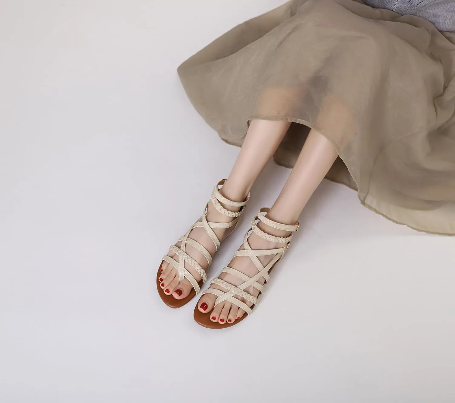 Women's Summer Strappy Flat Sandals Ankle Strap Gladiator Shoes Open Toe Sparkly Straps Dressy Fisherman Thong Sandals for Walking Beach Vacation