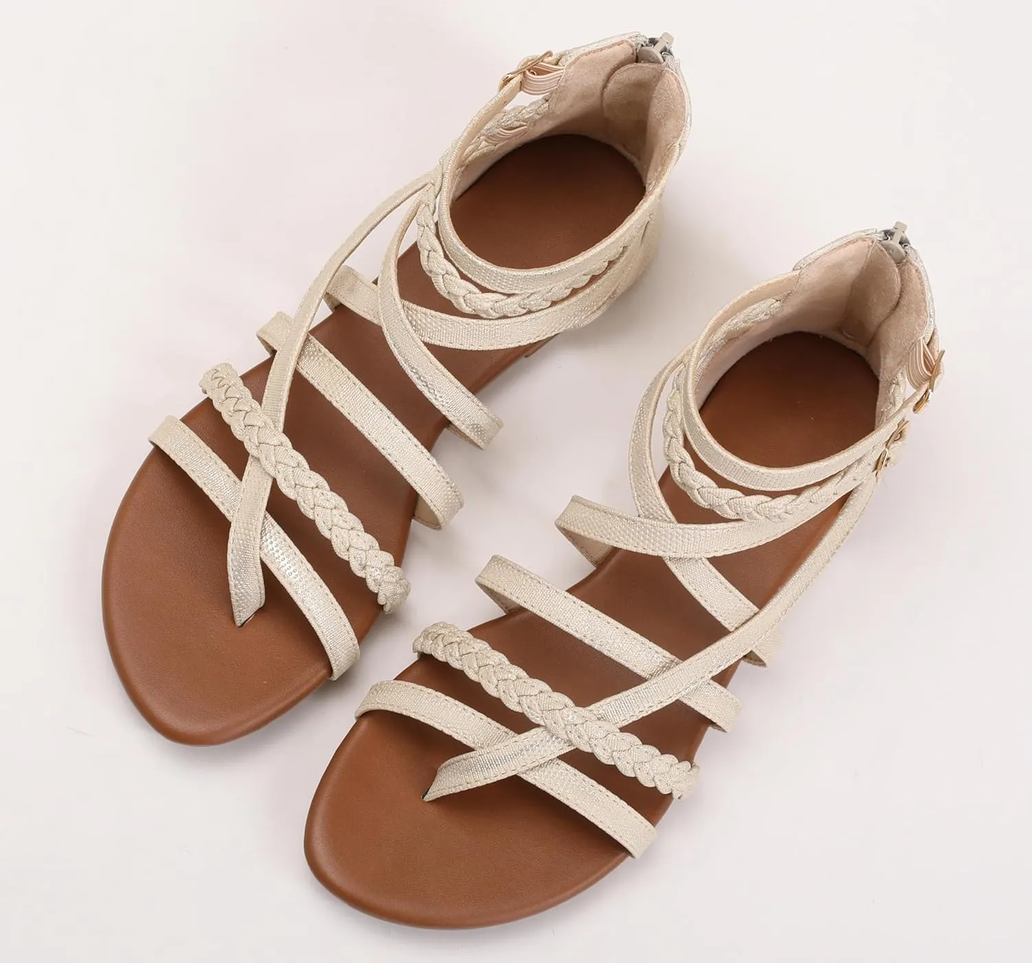 Women's Summer Strappy Flat Sandals Ankle Strap Gladiator Shoes Open Toe Sparkly Straps Dressy Fisherman Thong Sandals for Walking Beach Vacation
