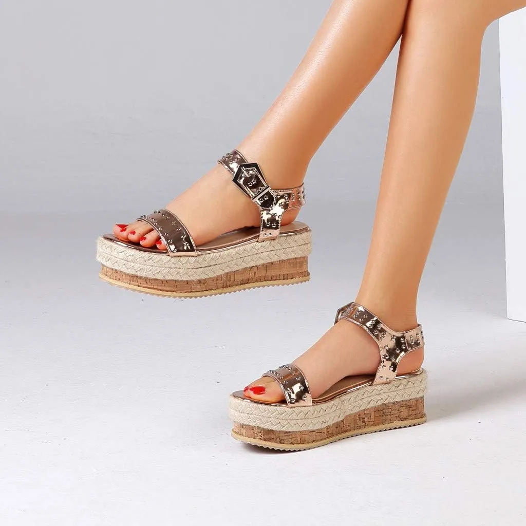 Women's Thick-Soled Sandals, Hand-Woven Hemp Rope Platform Female Belt Buckle Flat Rivet Beach Shoes
