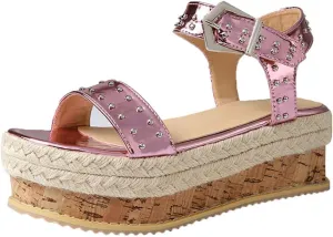 Women's Thick-Soled Sandals, Hand-Woven Hemp Rope Platform Female Belt Buckle Flat Rivet Beach Shoes