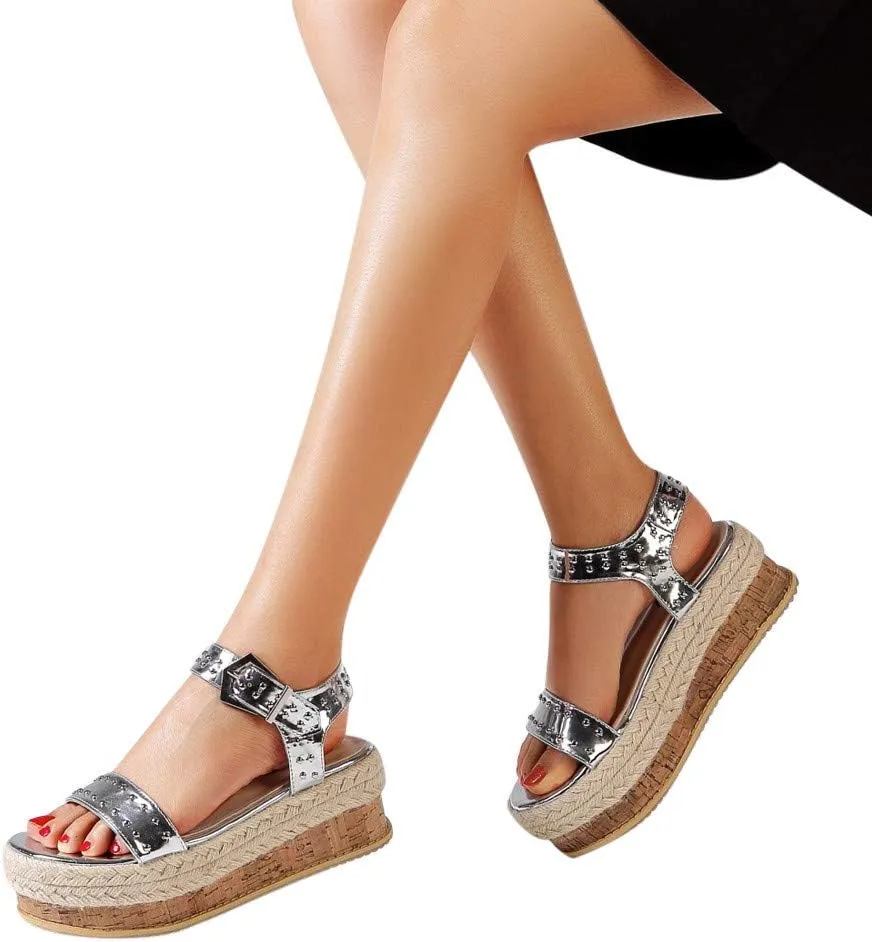 Women's Thick-Soled Sandals, Hand-Woven Hemp Rope Platform Female Belt Buckle Flat Rivet Beach Shoes