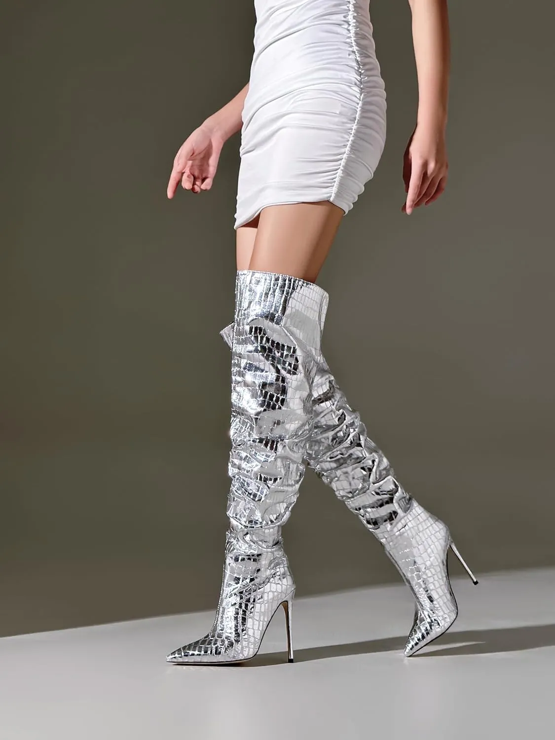 Women's Thigh High Boot - Slouch Boot for Women Pointed Toe Stiletto Heel Snake Skin Leather Over the Knee Boot