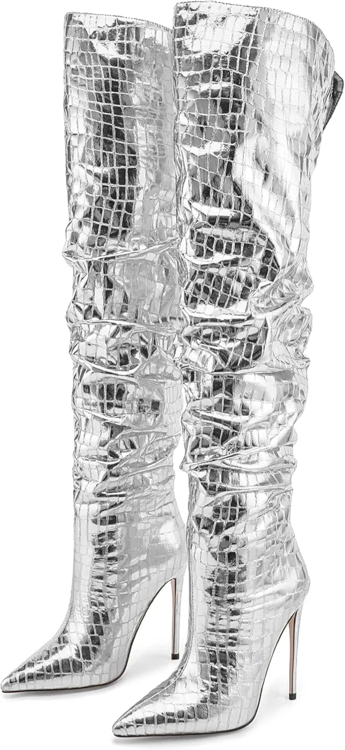 Women's Thigh High Boot - Slouch Boot for Women Pointed Toe Stiletto Heel Snake Skin Leather Over the Knee Boot