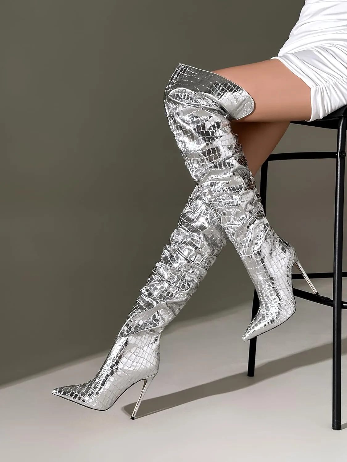 Women's Thigh High Boot - Slouch Boot for Women Pointed Toe Stiletto Heel Snake Skin Leather Over the Knee Boot