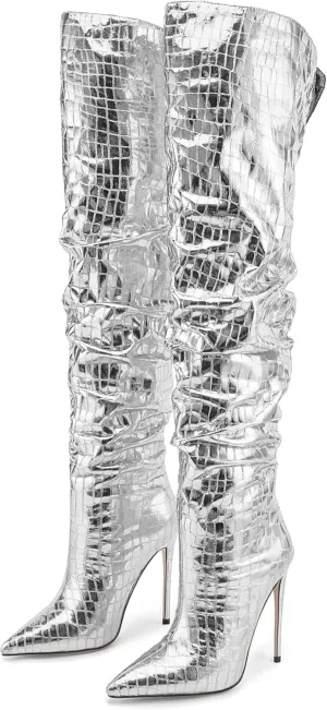 Women's Thigh High Boot - Slouch Boot for Women Pointed Toe Stiletto Heel Snake Skin Leather Over the Knee Boot