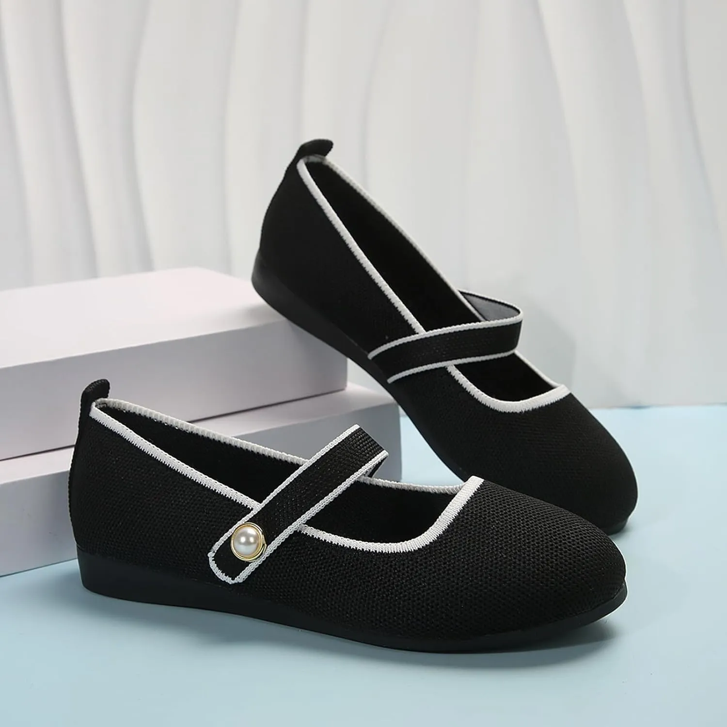 Womens Trendy Pearl Knitting Flats Shoes Dressy Casual Walking Shoes Round Head Non Slip Shoe for Vacation, Party