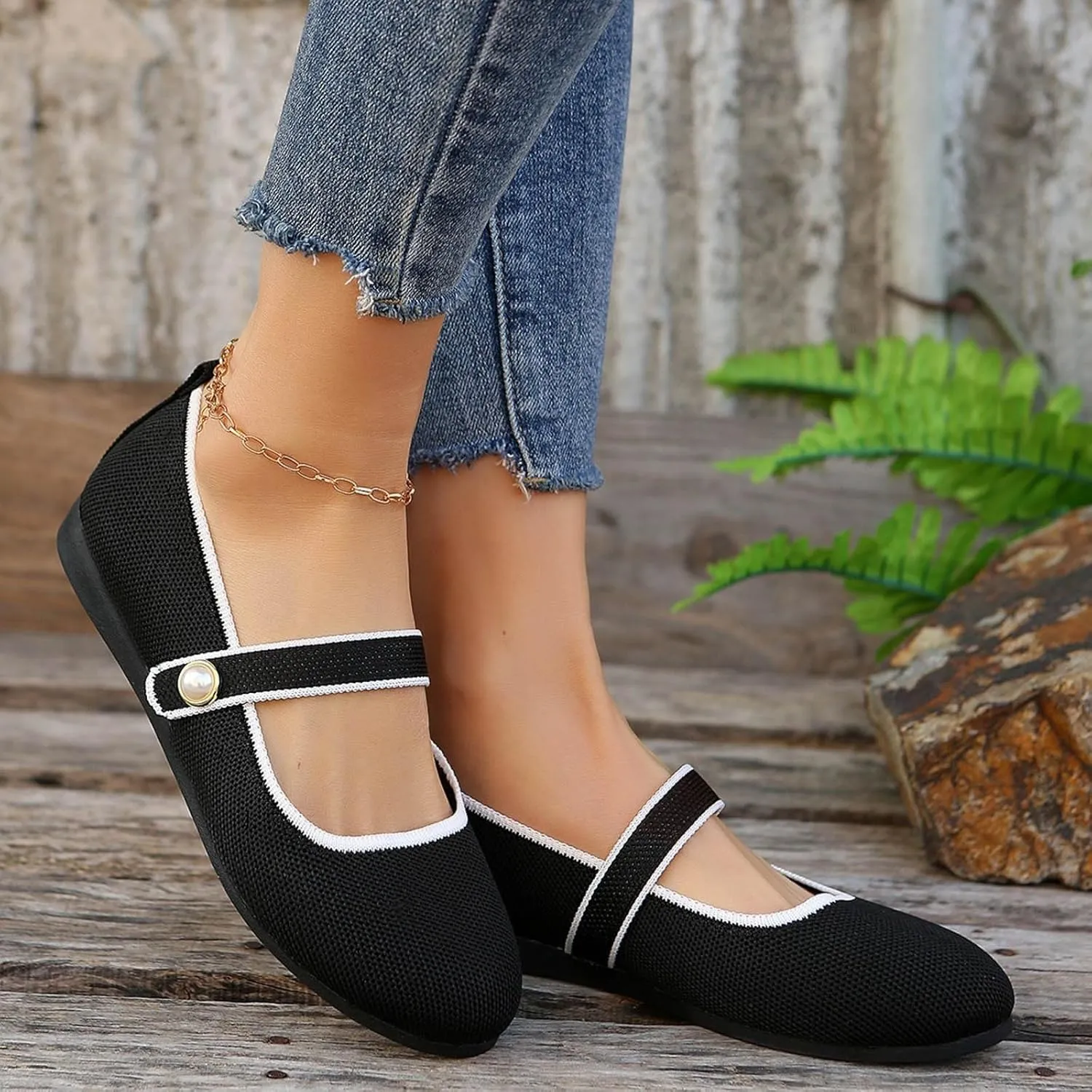 Womens Trendy Pearl Knitting Flats Shoes Dressy Casual Walking Shoes Round Head Non Slip Shoe for Vacation, Party