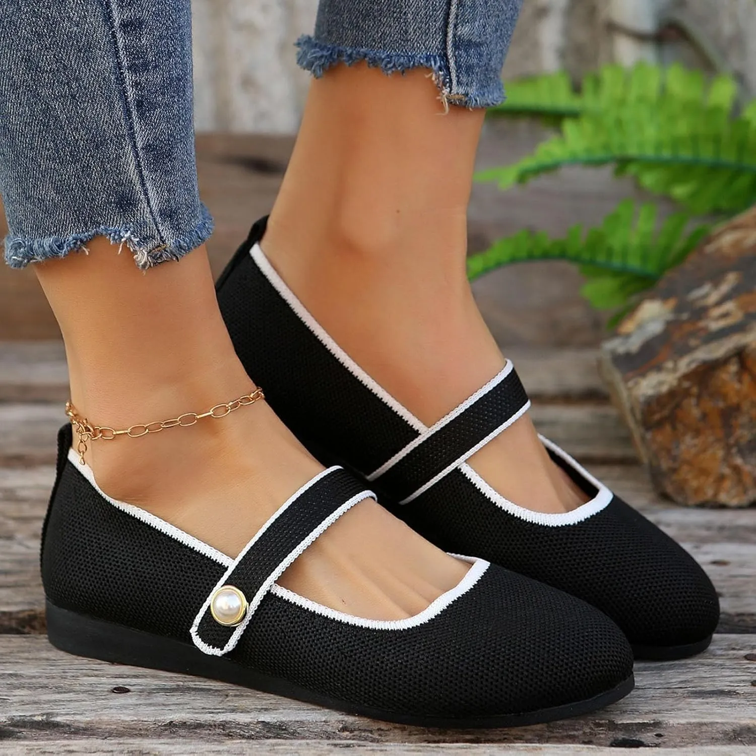 Womens Trendy Pearl Knitting Flats Shoes Dressy Casual Walking Shoes Round Head Non Slip Shoe for Vacation, Party