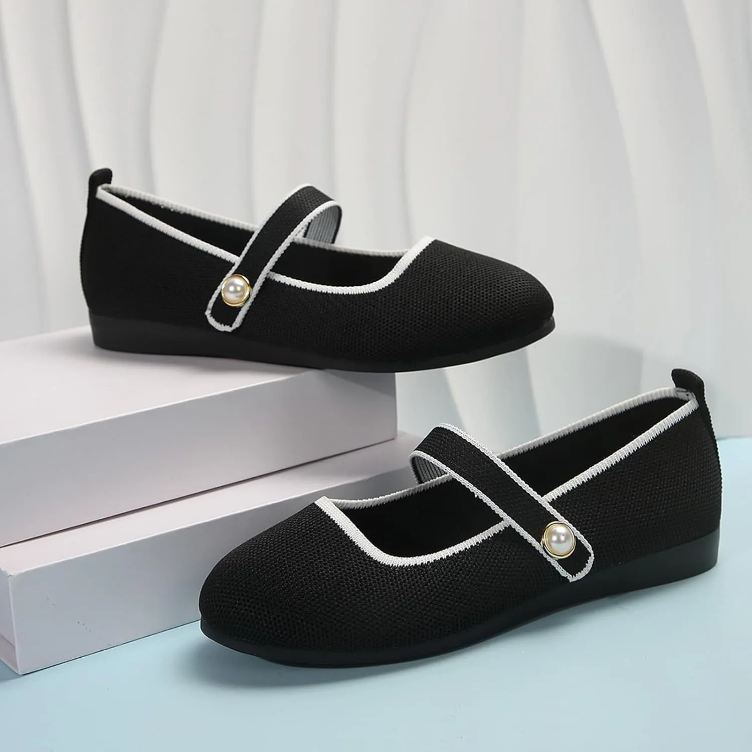 Womens Trendy Pearl Knitting Flats Shoes Dressy Casual Walking Shoes Round Head Non Slip Shoe for Vacation, Party