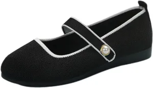 Womens Trendy Pearl Knitting Flats Shoes Dressy Casual Walking Shoes Round Head Non Slip Shoe for Vacation, Party