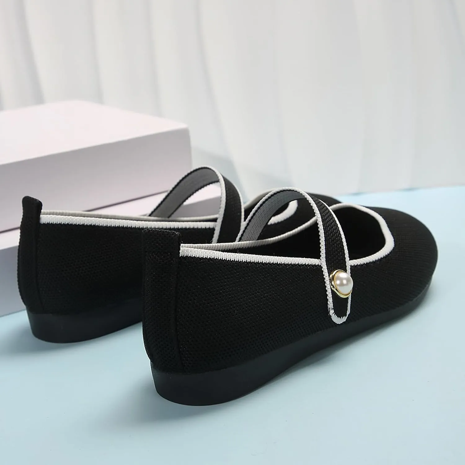 Womens Trendy Pearl Knitting Flats Shoes Dressy Casual Walking Shoes Round Head Non Slip Shoe for Vacation, Party