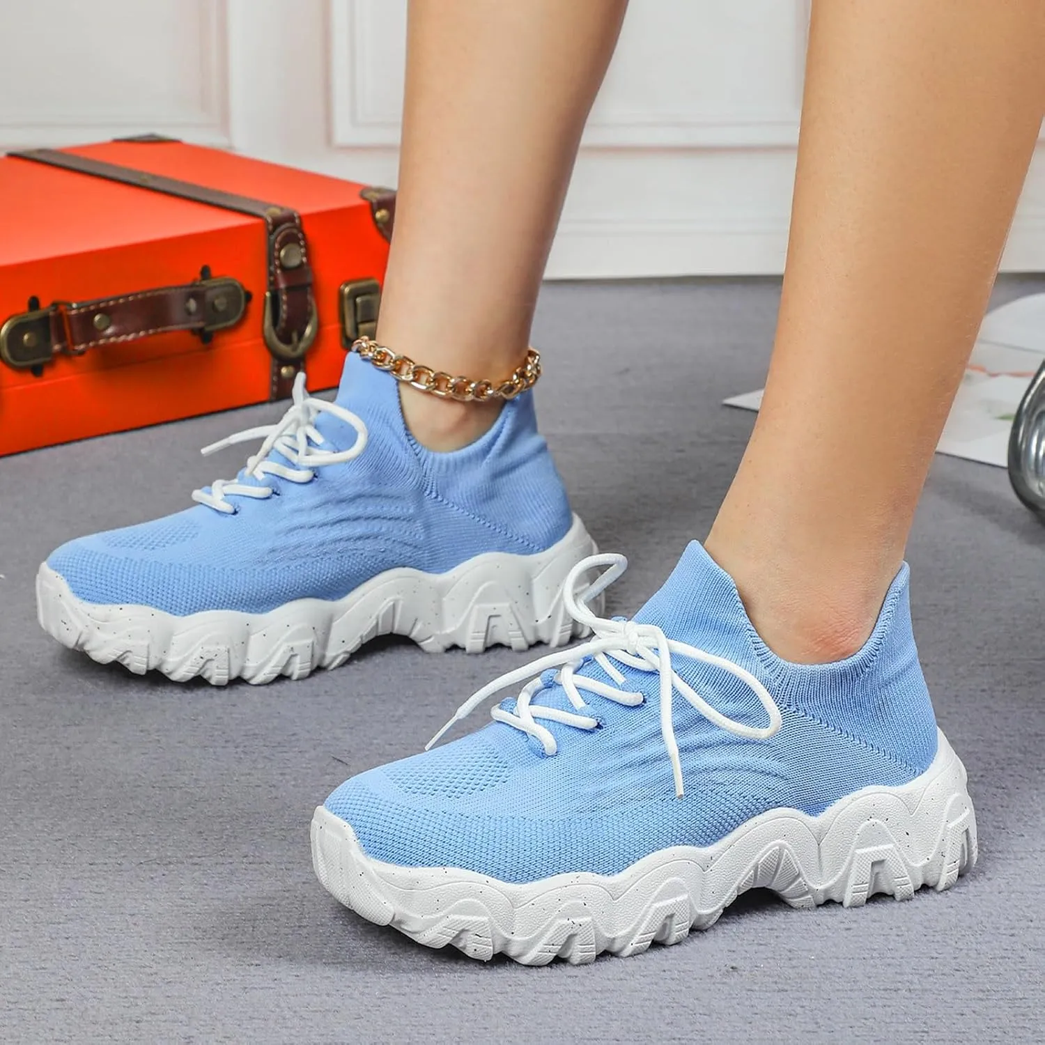 Womens Walking Shoes Mesh Slip On Lace Up Athletic Gym Workout Training Fashion Sneakers Lightweight Breathable Comfortable Tennis Running Shoes
