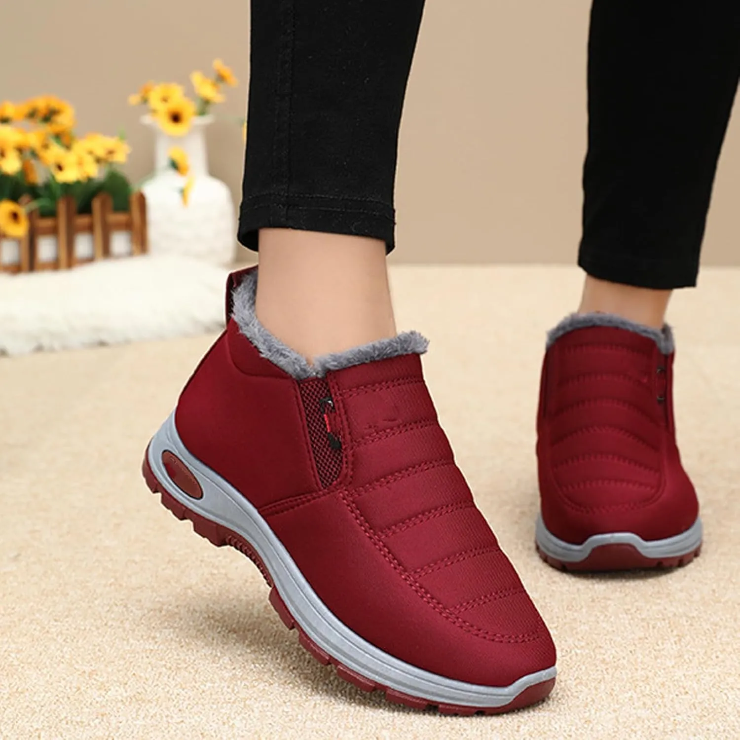 Women's Warm Sheepskin-Lined Boots, Winter Women's Casual Slip-On Warm Boots,Ladies Winter Ankle Slip on Short Snow Fur Lined Boots Comfortable