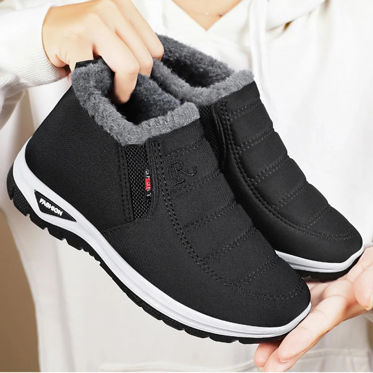 Women's Warm Sheepskin-Lined Boots,Orthopedic Walking Fur Fuzzy Thermal Soft Booties,Comfortable Waterproof Ladies Winter Ankle Slip on Short Snow Fur Lined Boots, Wide Warm Arch Support Shoes(Black,6